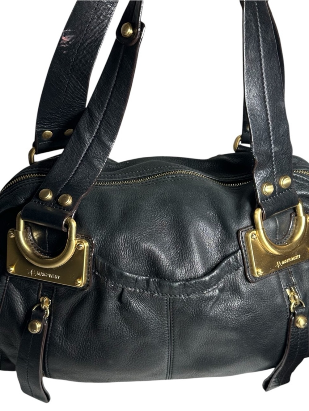 b. makowsky Black Leather Gold Logo Hardware Montgomery Shoulder Satchel Bag - Picture 3 of 14